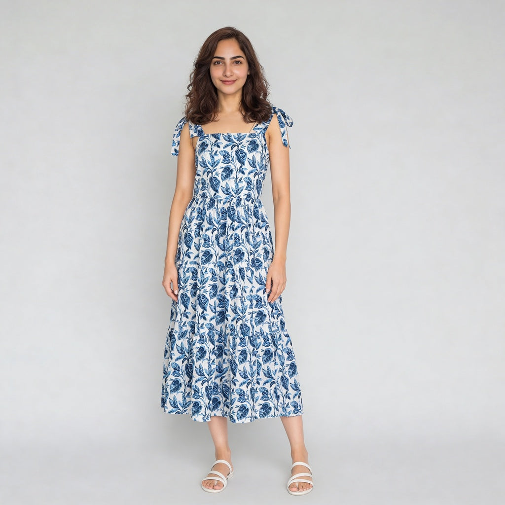 Printed Shoulder Strappy Flared Dress