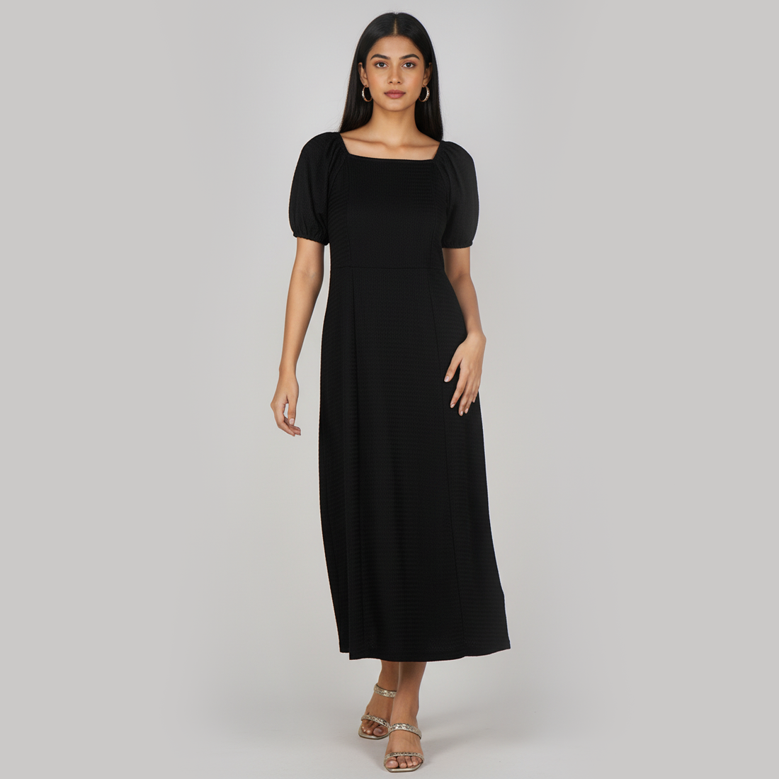 Woven Solid Puff Sleeve Dress