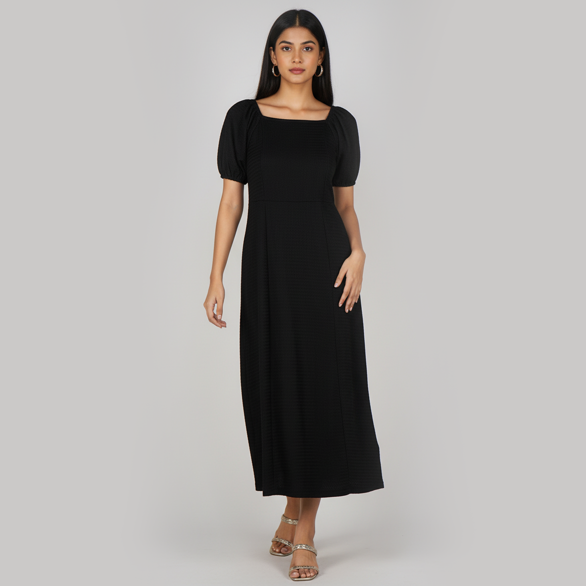 Woven Solid Puff Sleeve Dress
