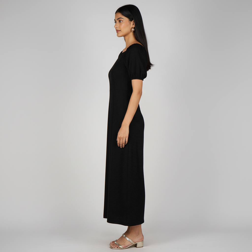 Woven Solid Puff Sleeve Dress