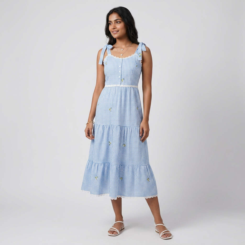 Cotton Checked Sweetheart Neck Flared Dress