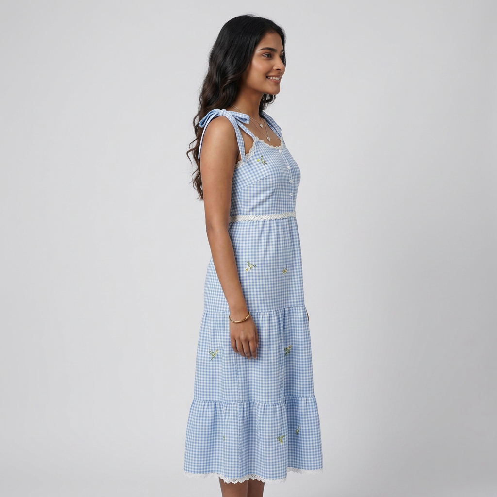 Cotton Checked Sweetheart Neck Flared Dress