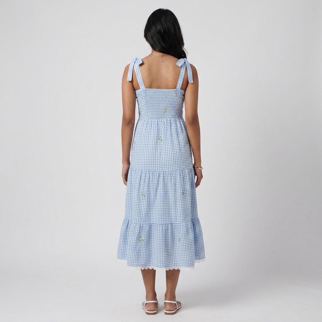 Cotton Checked Sweetheart Neck Flared Dress