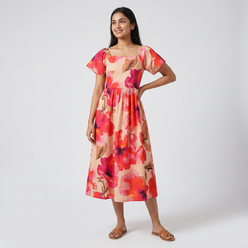 Printed Puff Sleeve Flared Dress