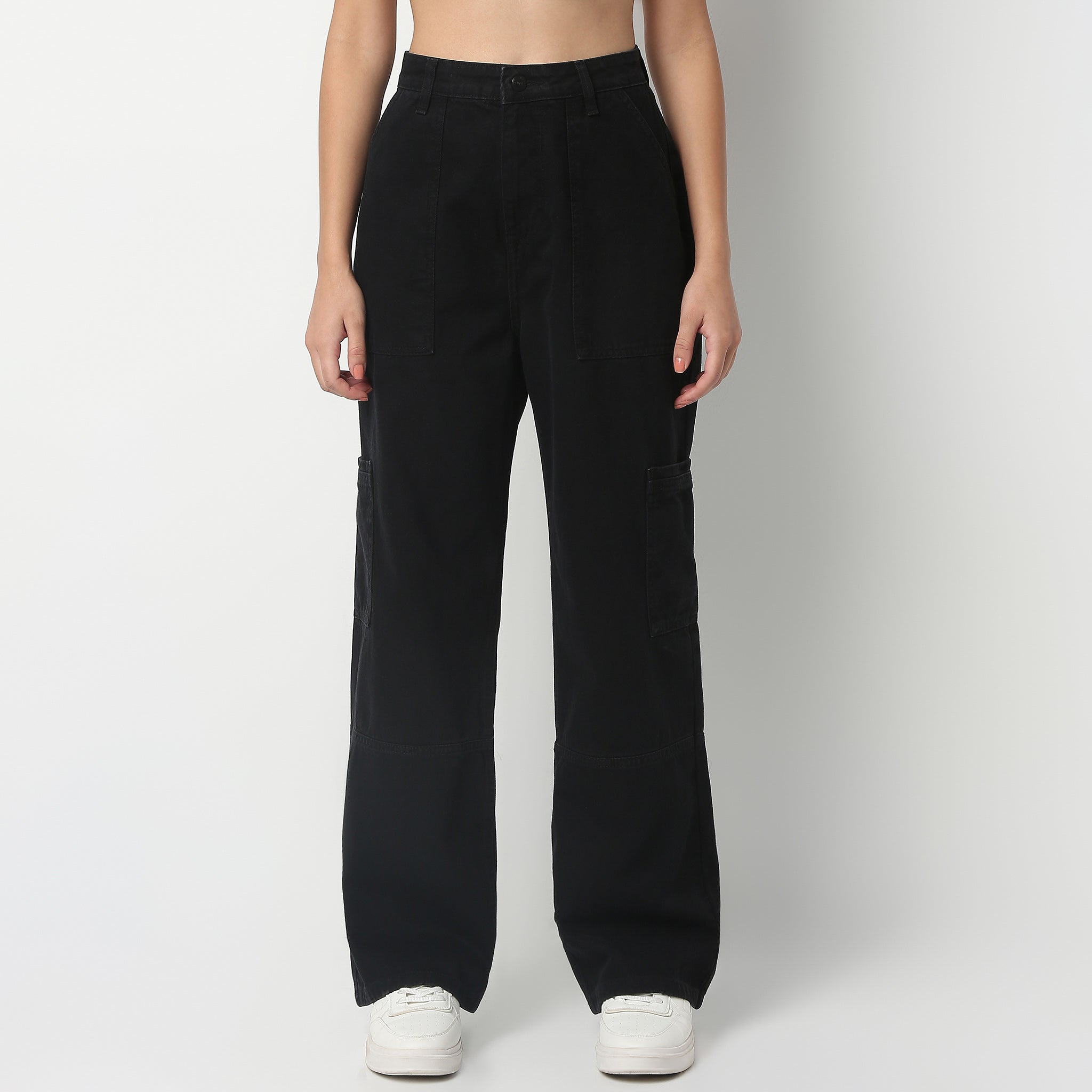 Full Length Boot Cut Solid Highwaist Patch Pocket Cargos