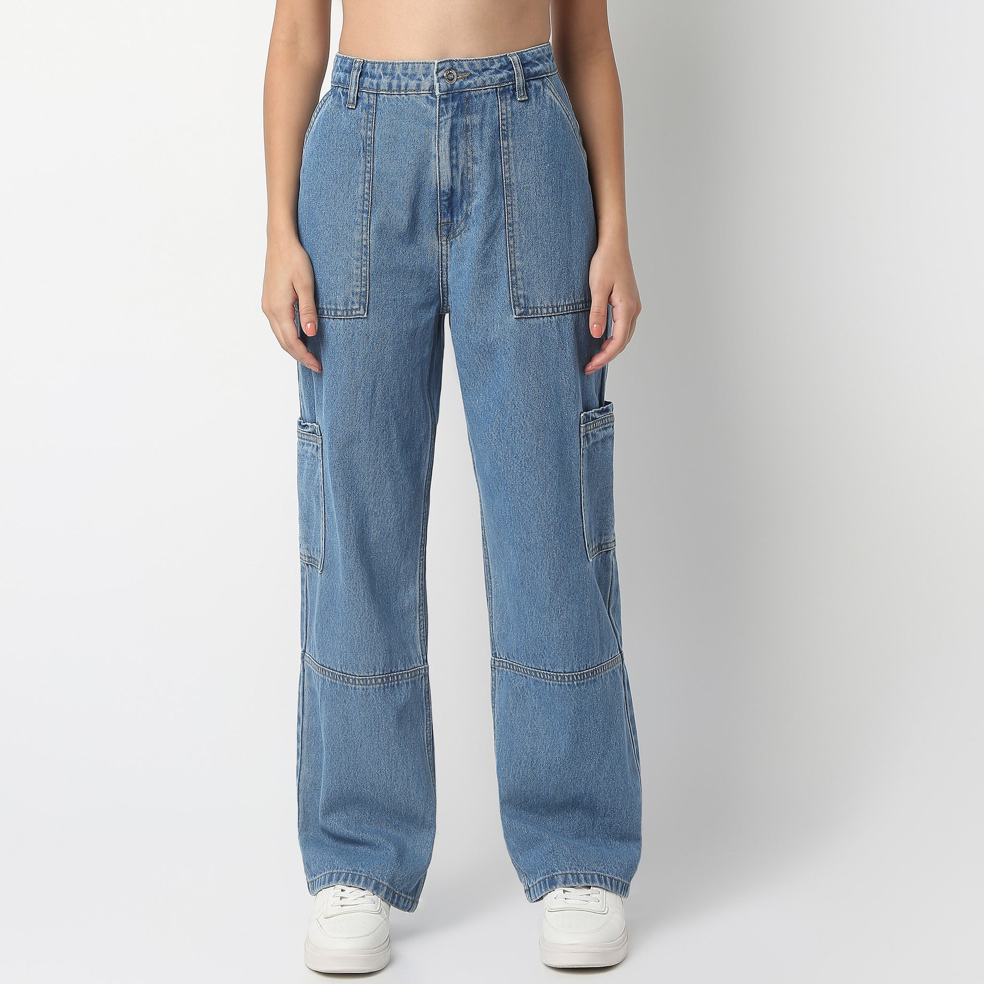 Full Length Boot Cut Solid Highwaist Patch Pocket Cargos