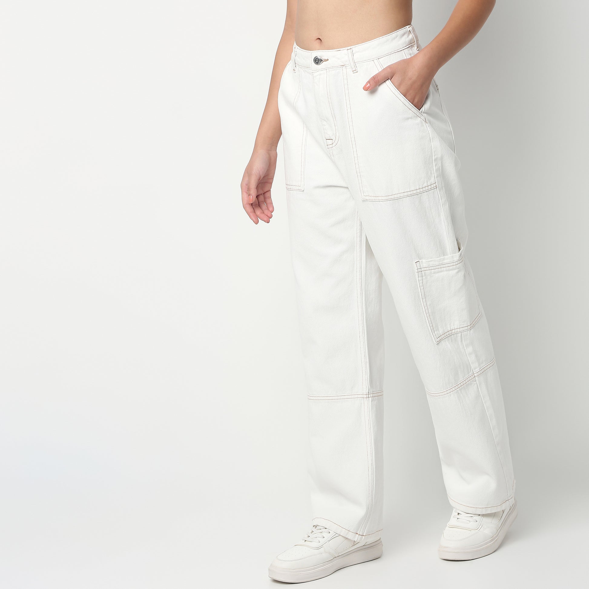 Full Length Boot Cut Solid Highwaist Patch Pocket Cargos