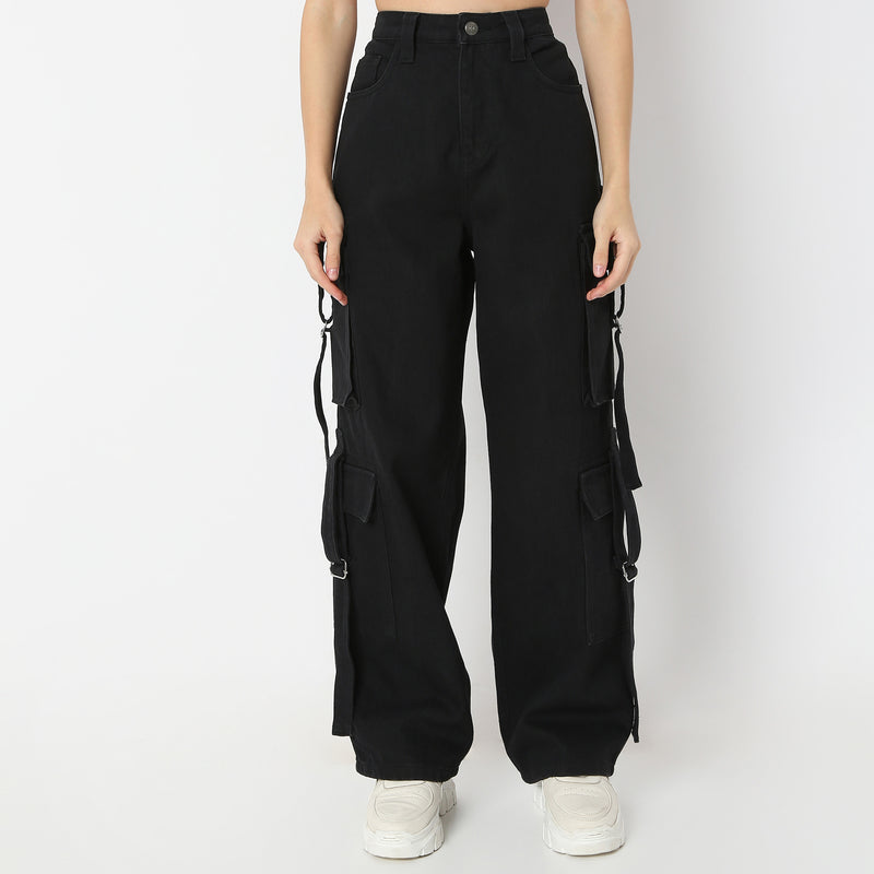 Solid Full-Length High-Waist Utility Crago with Street Look Flare Jeans