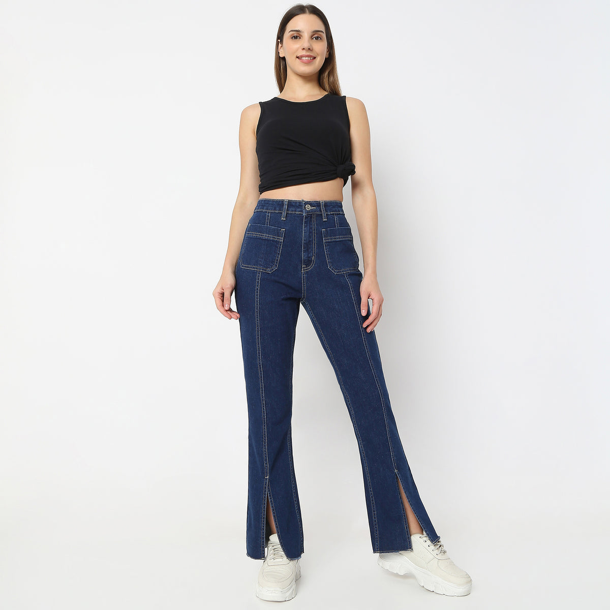 Solid Full-Length Bootcut High Rise Jeans with Patch Pocket & Front Slit