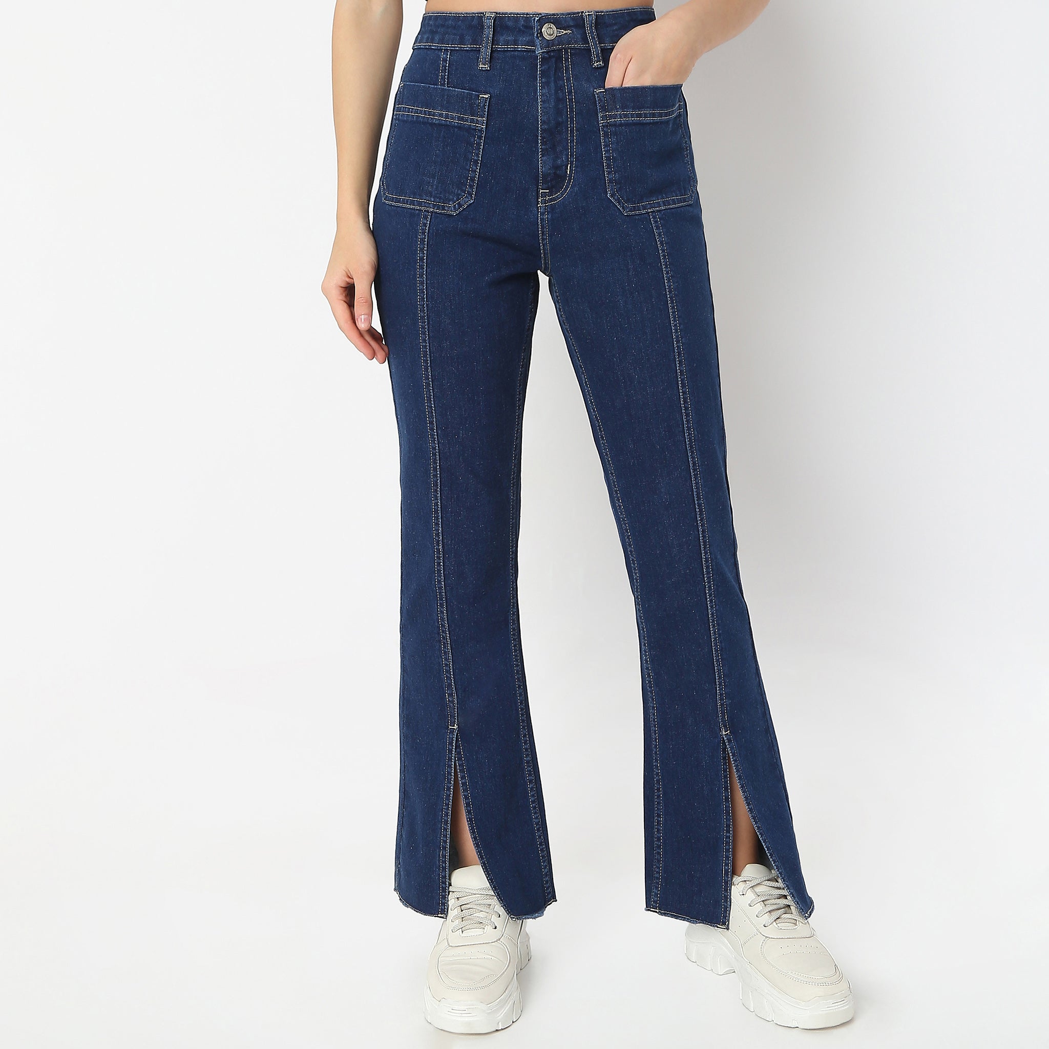 Solid Full-Length Bootcut High Rise Jeans With Patch Pocket
