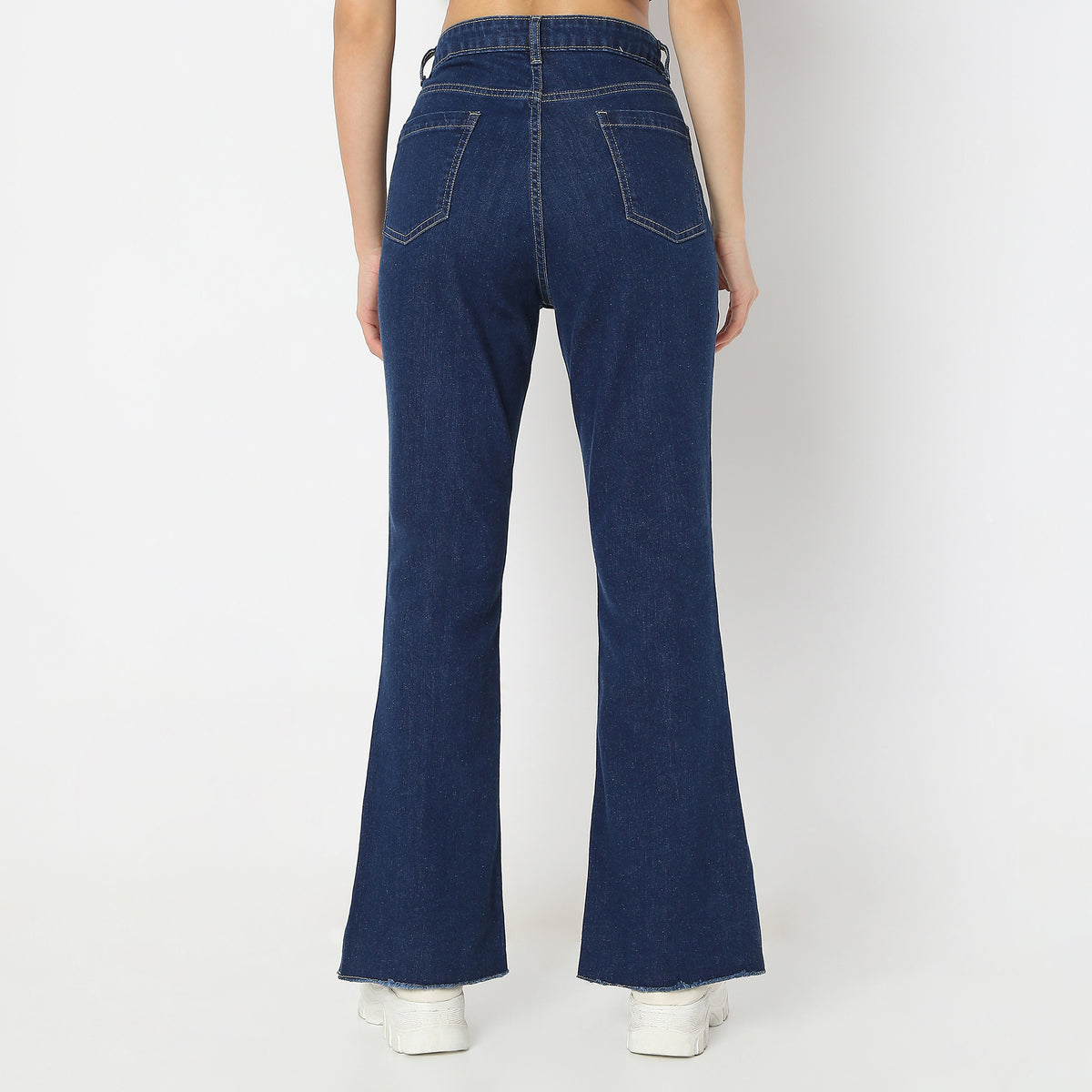 Solid Full-Length Bootcut High Rise Jeans with Patch Pocket & Front Slit