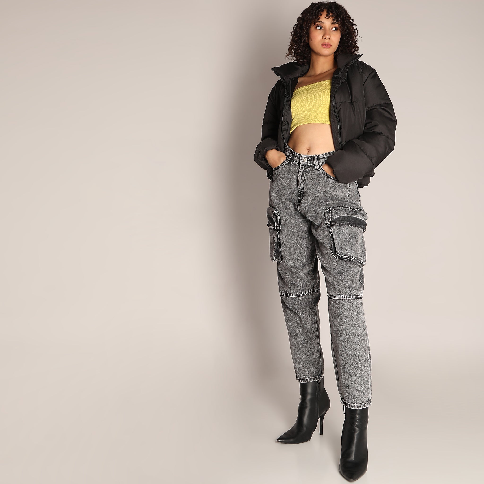 Solid Ankle-Length High-Rise Slouch Fit Jeans with Big Patch Pocket