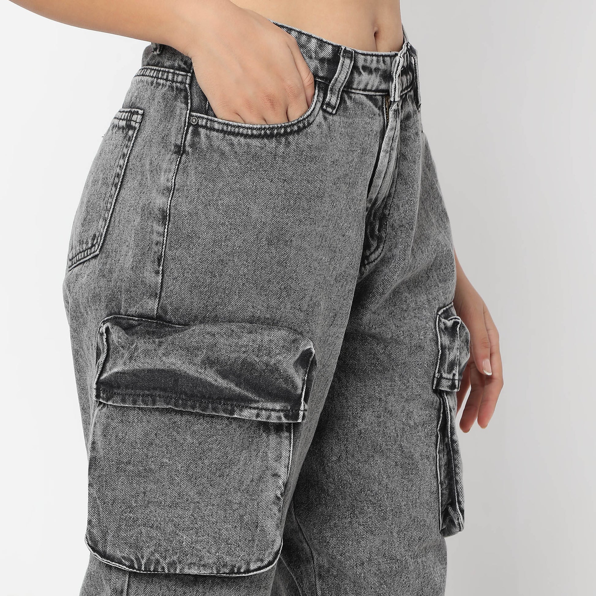 Solid Ankle-Length High-Rise Slouch Fit Jeans with Big Patch Pocket