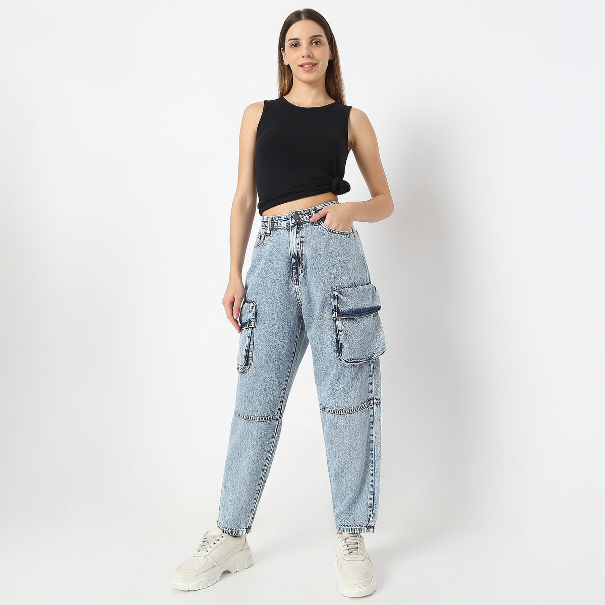 Solid Ankle-Length High-Rise Slouch Fit Jeans with Big Patch Pocket