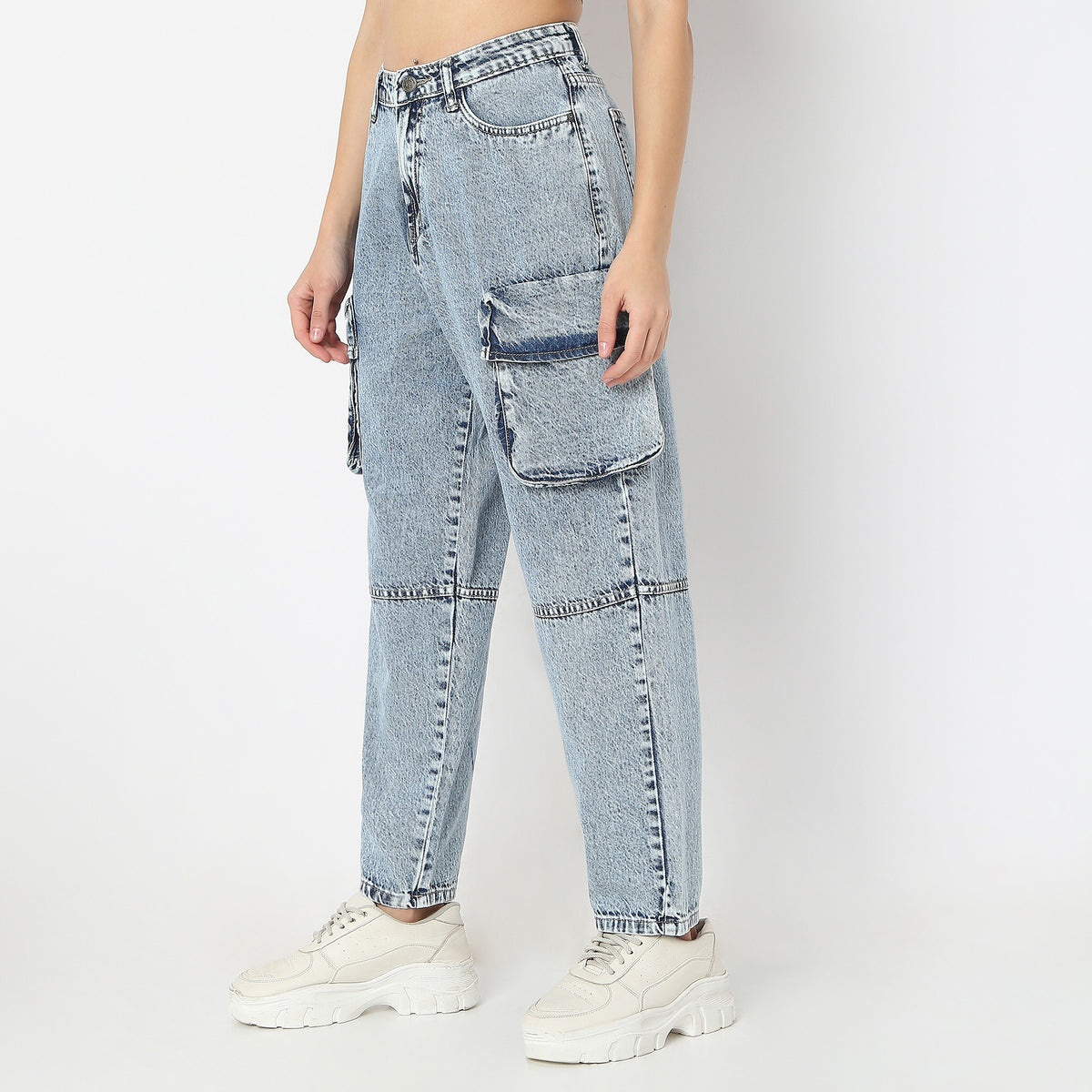 Solid Ankle-Length High-Rise Slouch Fit Jeans with Big Patch Pocket