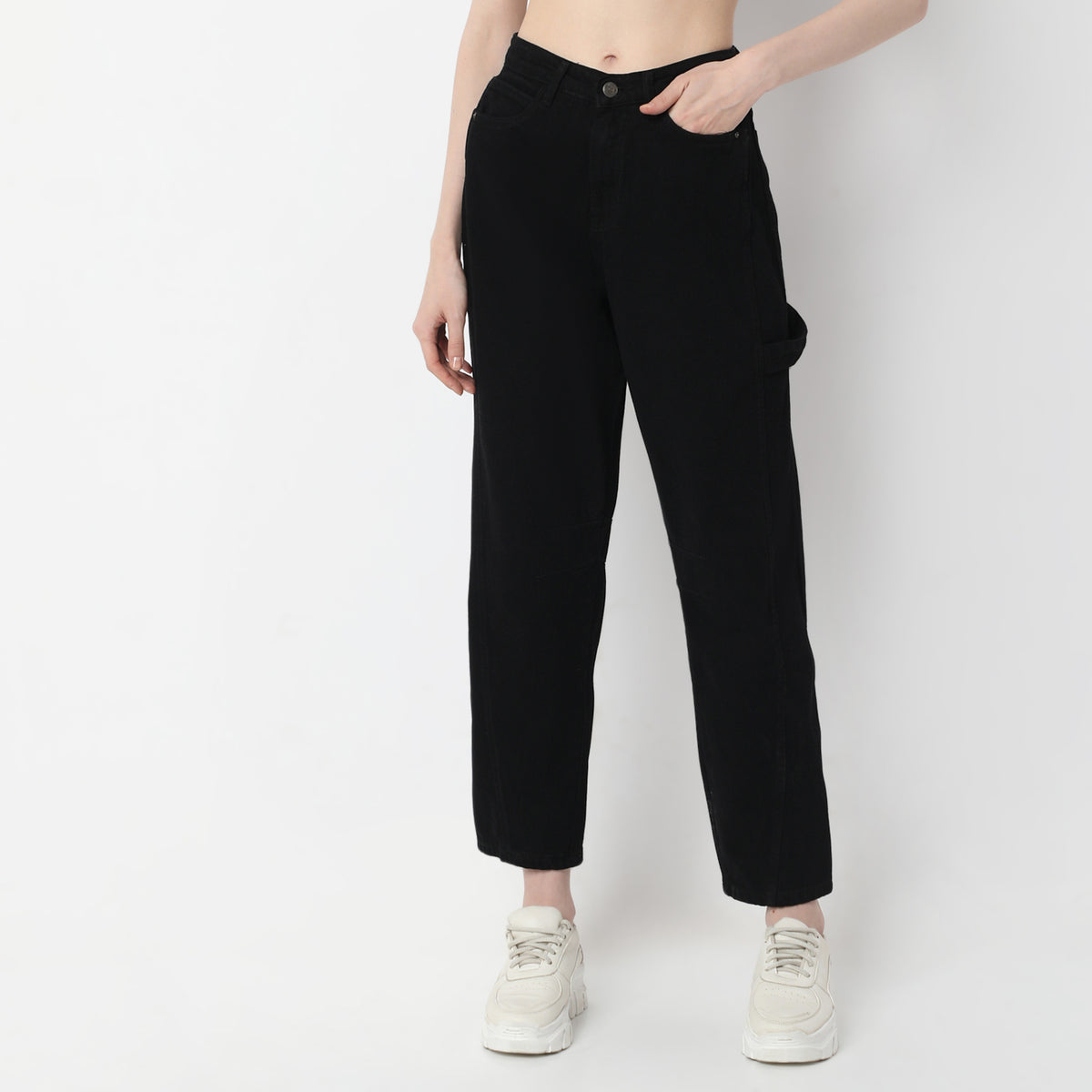 Solid Ankle-Length High-Waist Slouch Fit Jeans with Baggy Look