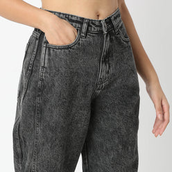 Solid Ankle-Length High-Waist Slouch Fit Jeans with Baggy Look