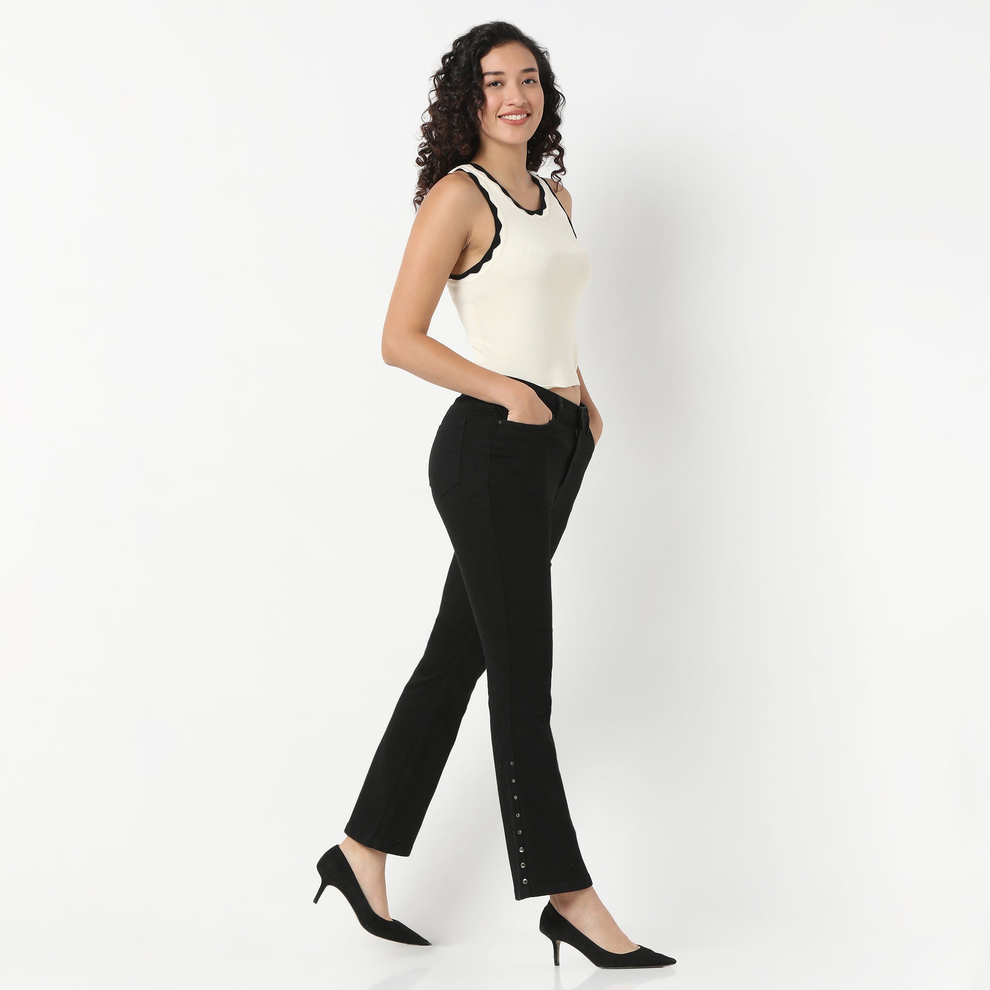 Black Denim Bootcut with Bottom Peral Look