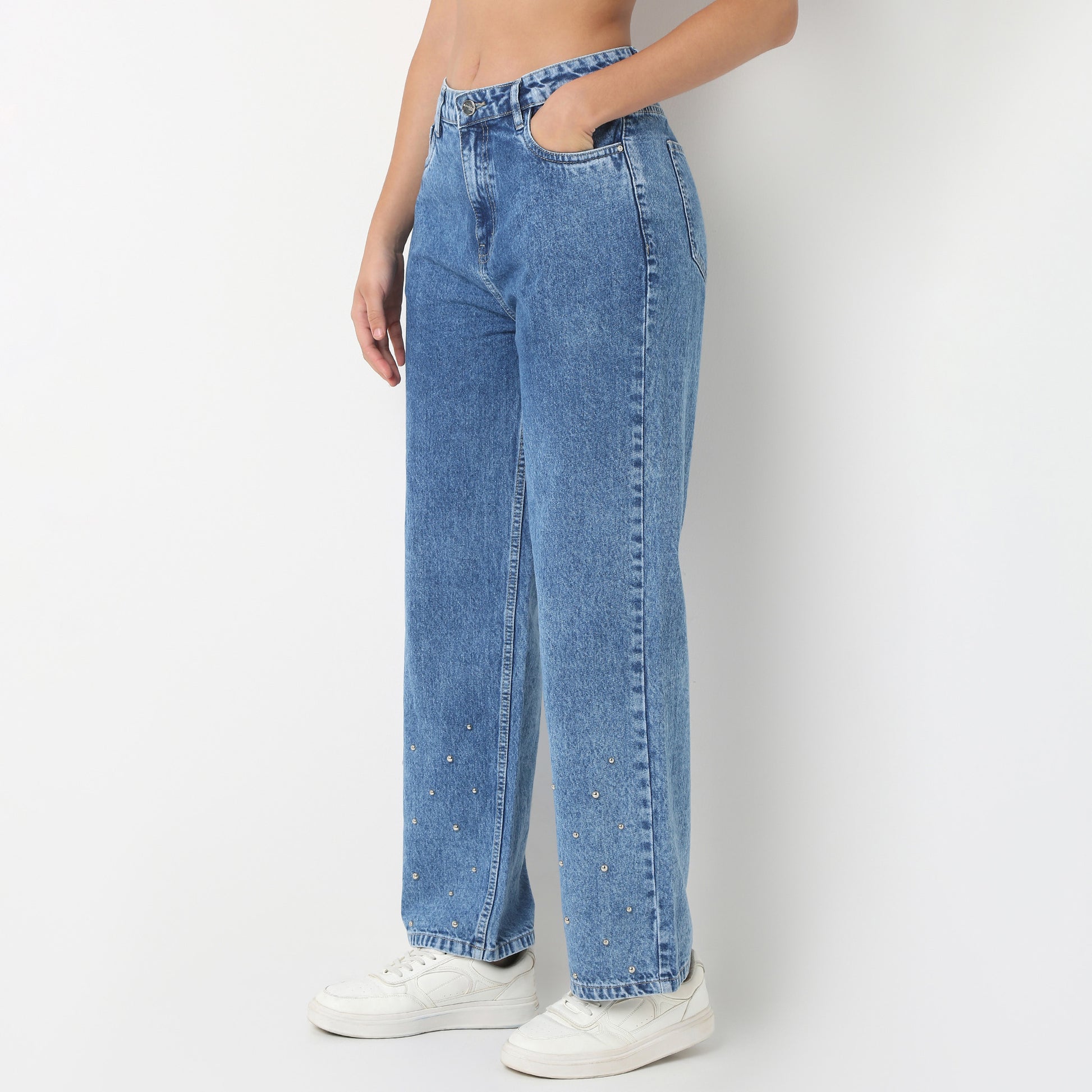 Straight Fit Denim With Emblished Stud Look