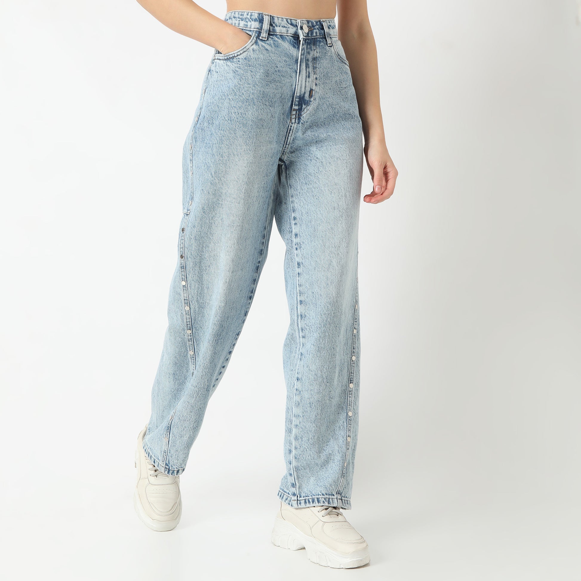 Straight Fit Solid Full Length High Rise Jeans