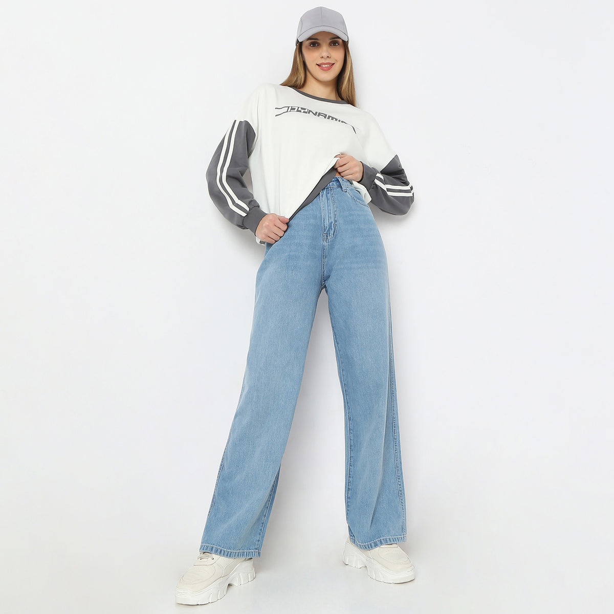 Stone Wash Full-Length Straight Fit High Rise Jeans