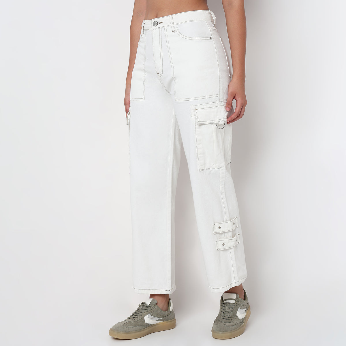 Relaxed Fit Solid Cargo Jeans