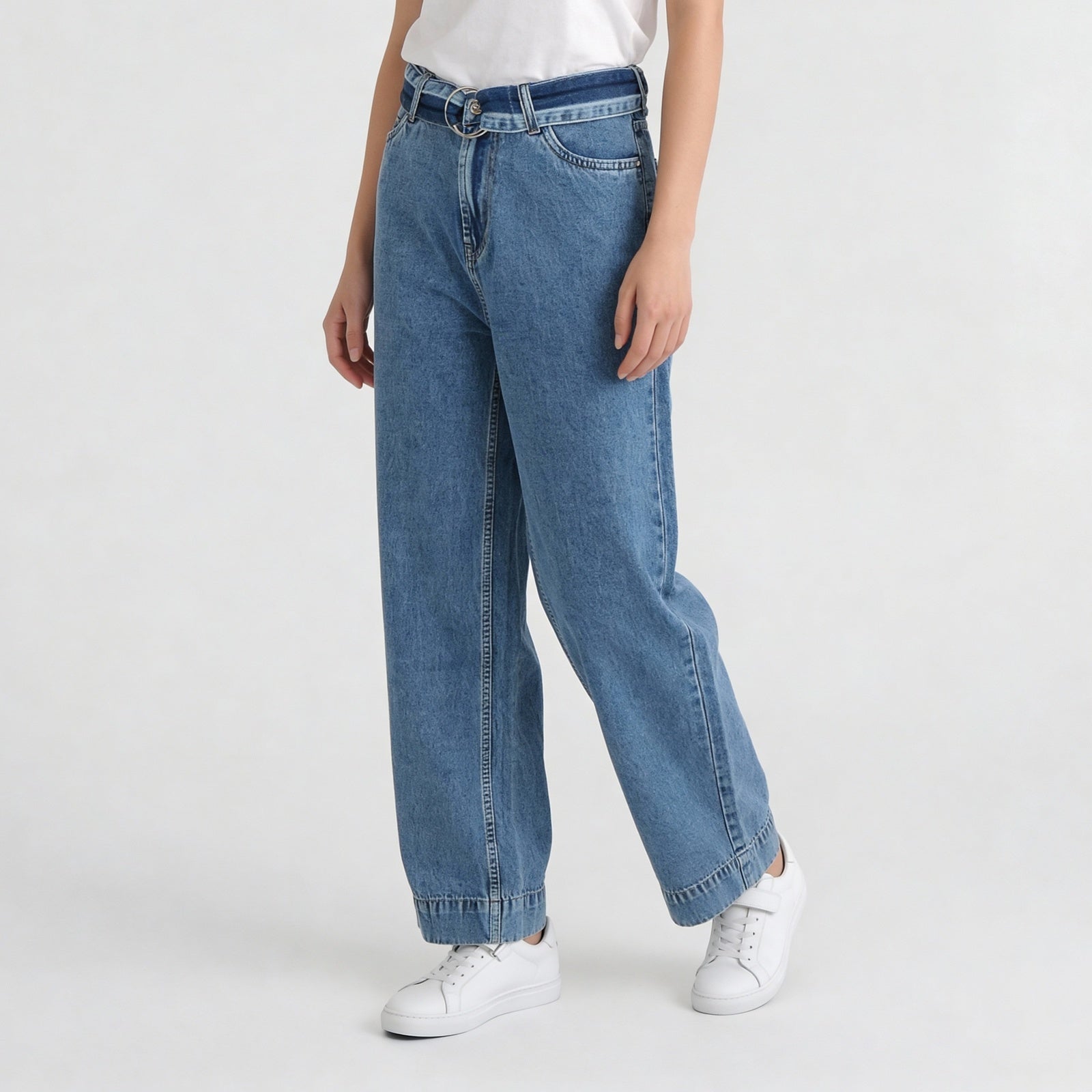 High Rise Wide Leg Jeans With Buckle & Belt