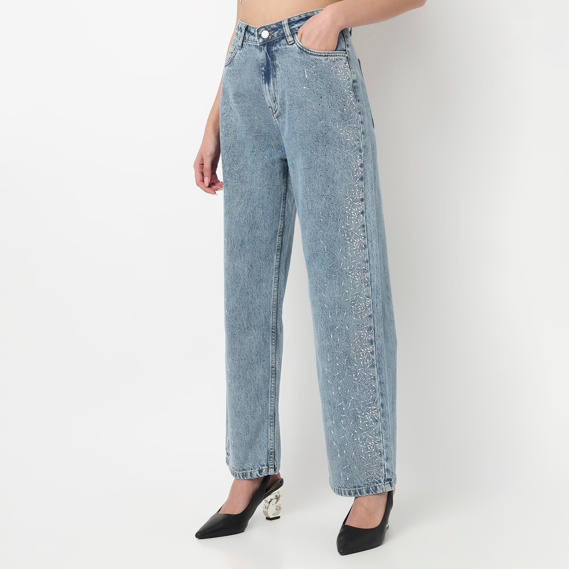 Straight Fit Mirror Stud Denim