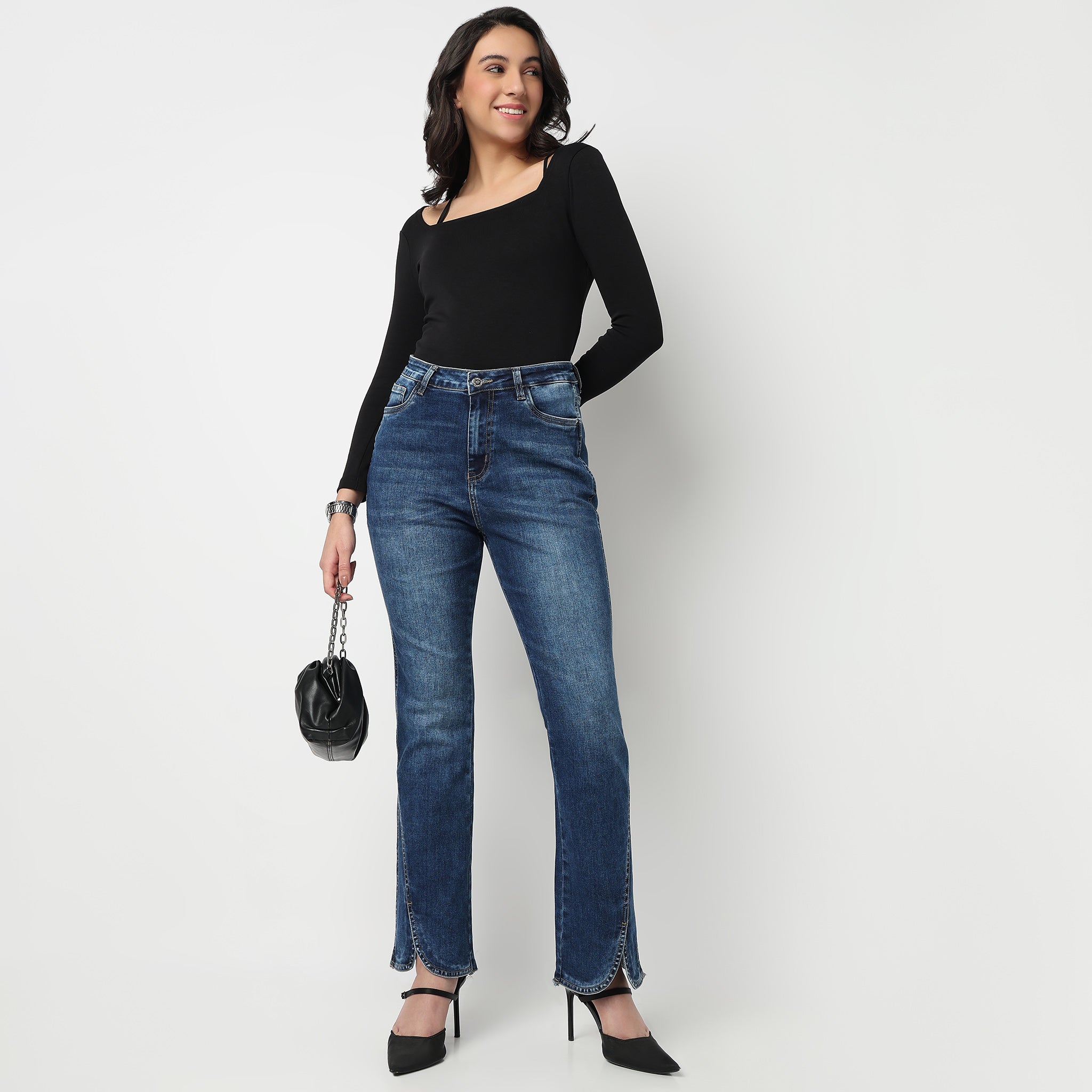 High Rise Bootcut Round Slit Bottom Denim