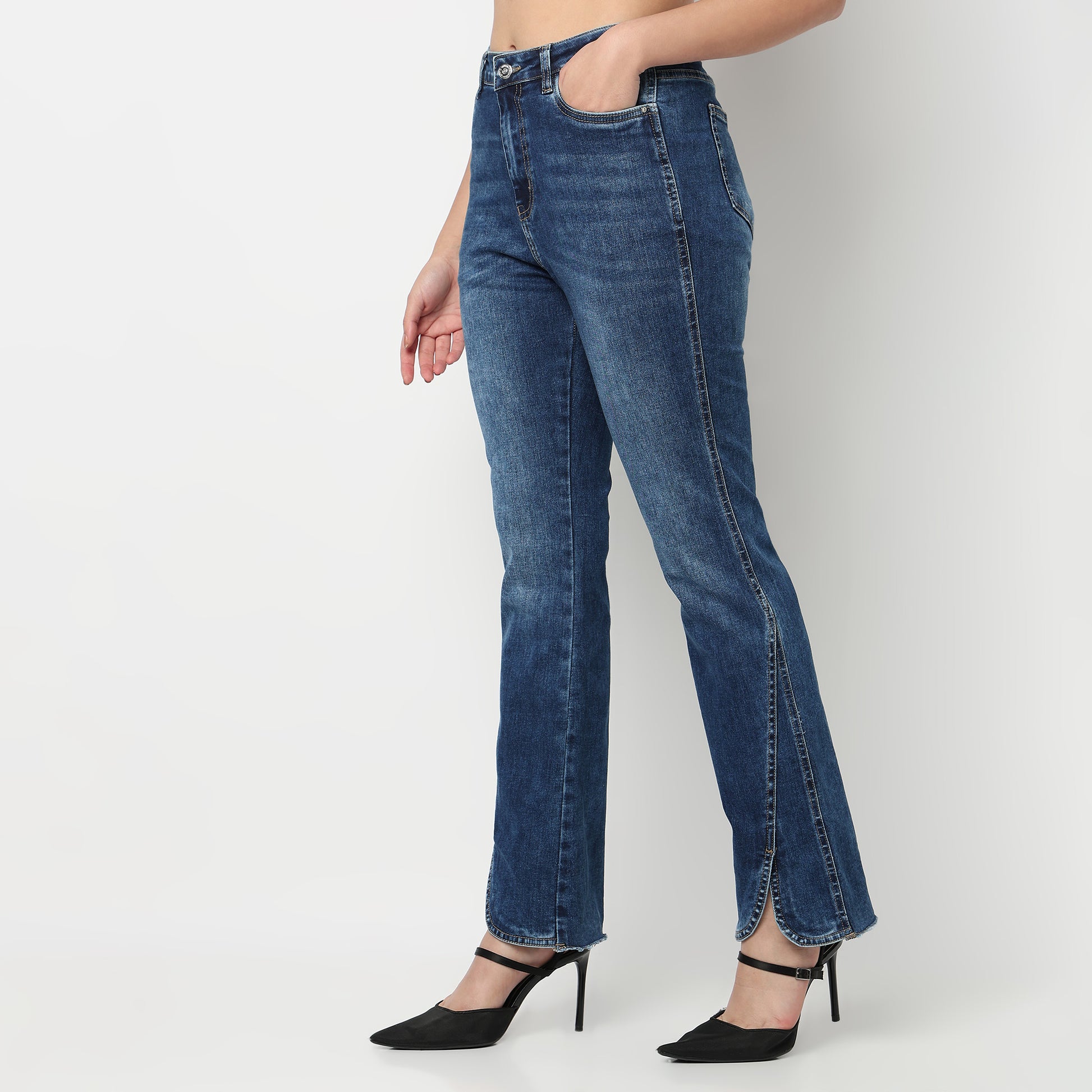 High Rise Bootcut Round Slit Bottom Denim