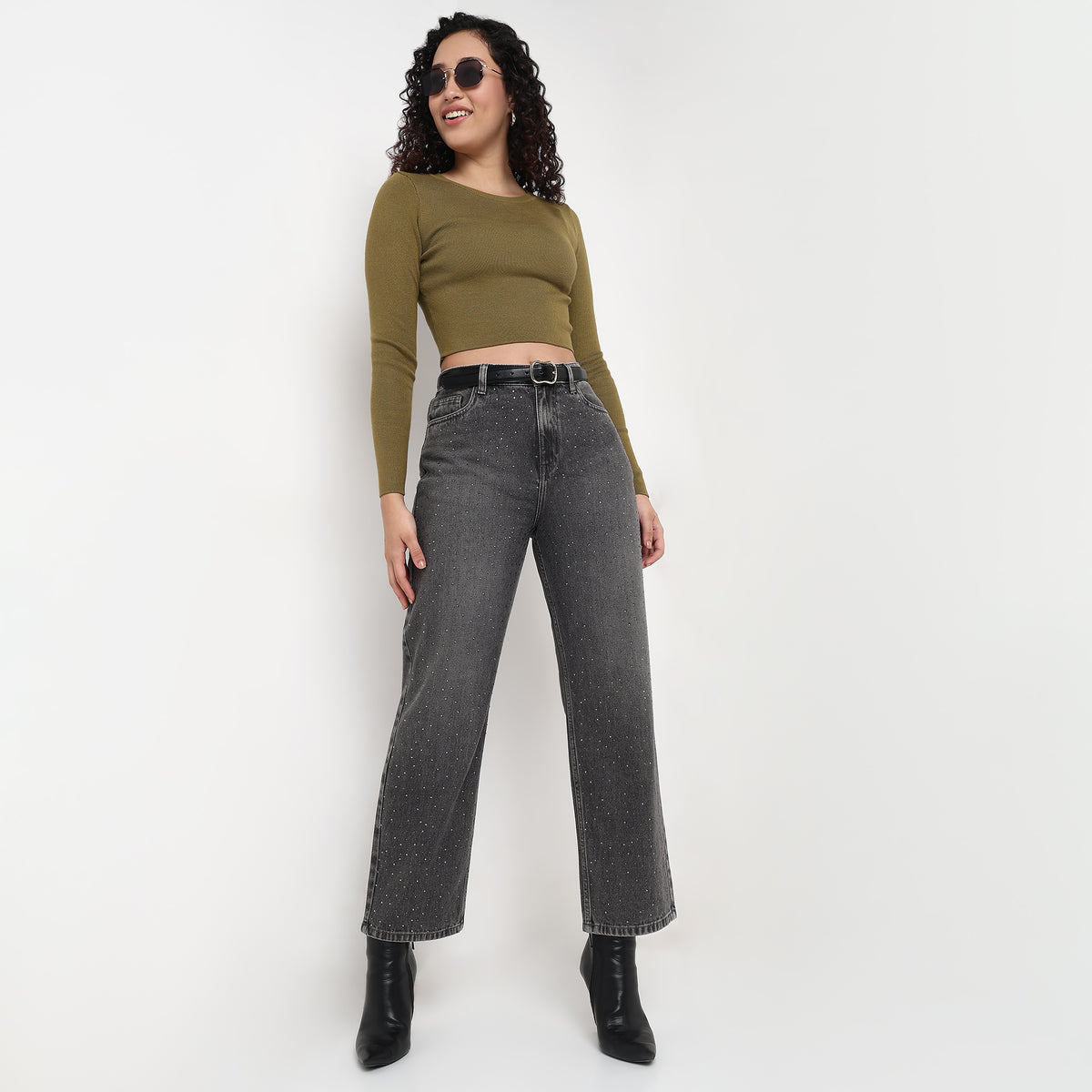 Straight Fit Mirror Work Denim