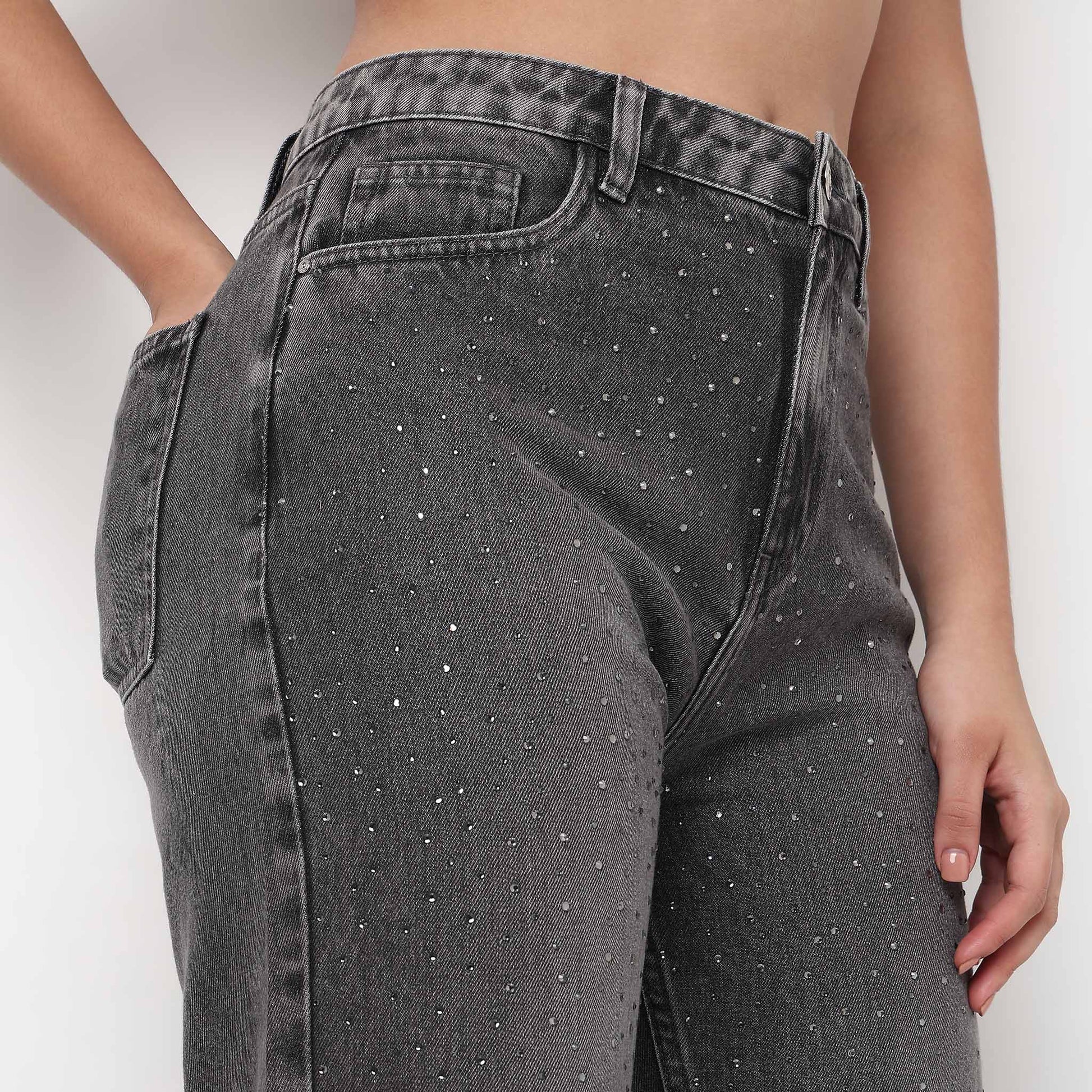 Straight Fit Mirror Work Denim