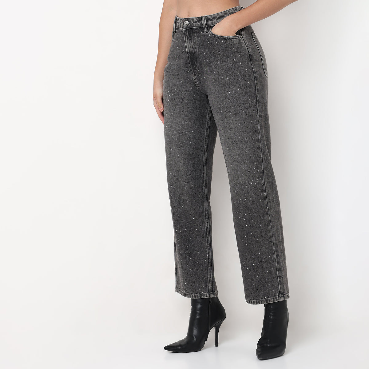 Straight Fit Mirror Work Denim