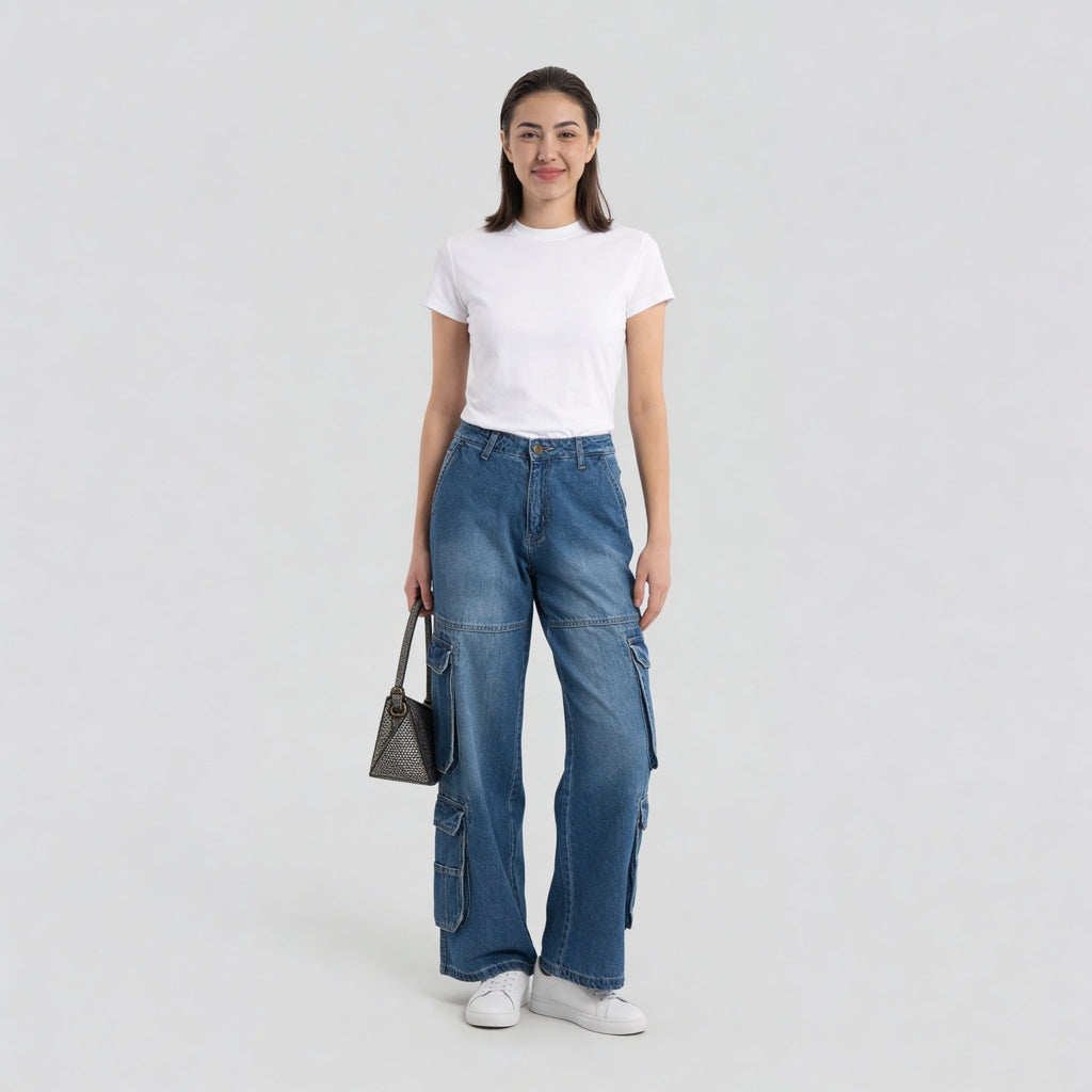 Woven Low Rise Utility Cargo Fit Jeans