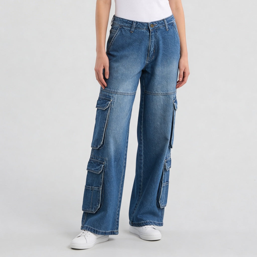 Woven Low Rise Utility Cargo Fit Jeans