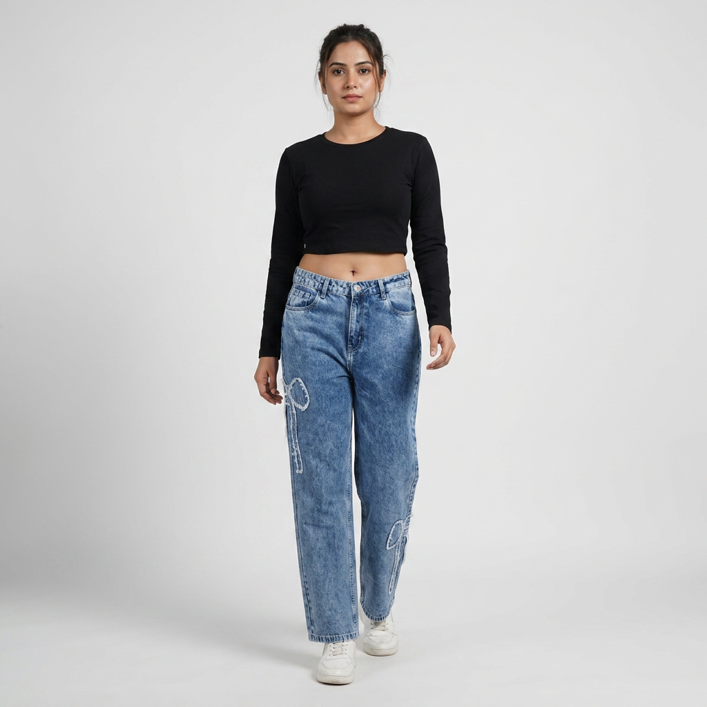 Straight Fit Bow Patch Denim