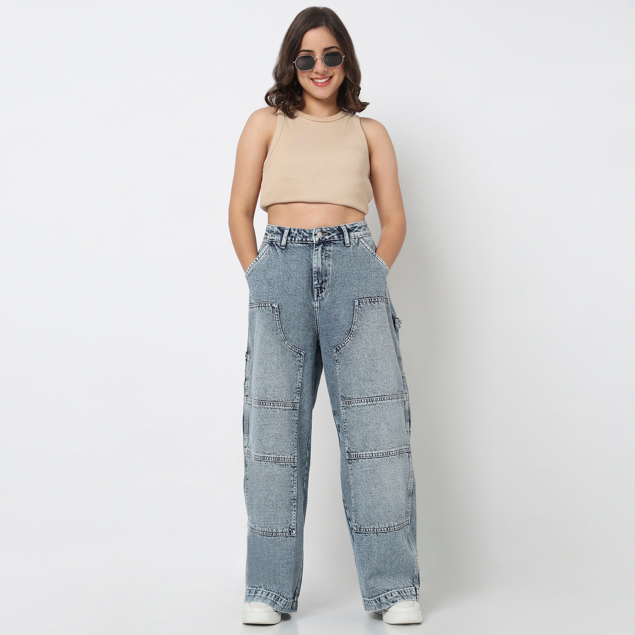 Straight Fit Light Wash Denim With Side Rivet Look