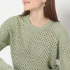 Loose Structure Flat Knit Ribbed Hem Full Sleeve Sweater