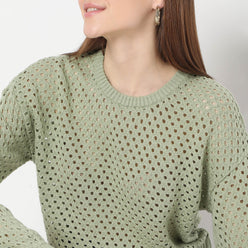 Loose Structure Flat Knit Ribbed Hem Full Sleeve Sweater