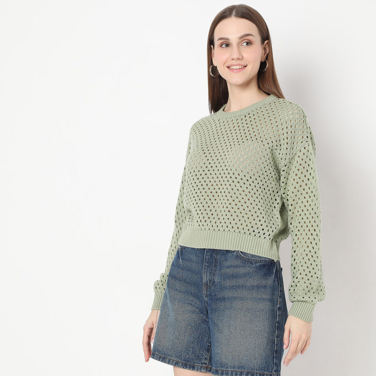 Loose Structure Flat Knit Ribbed Hem Full Sleeve Sweater