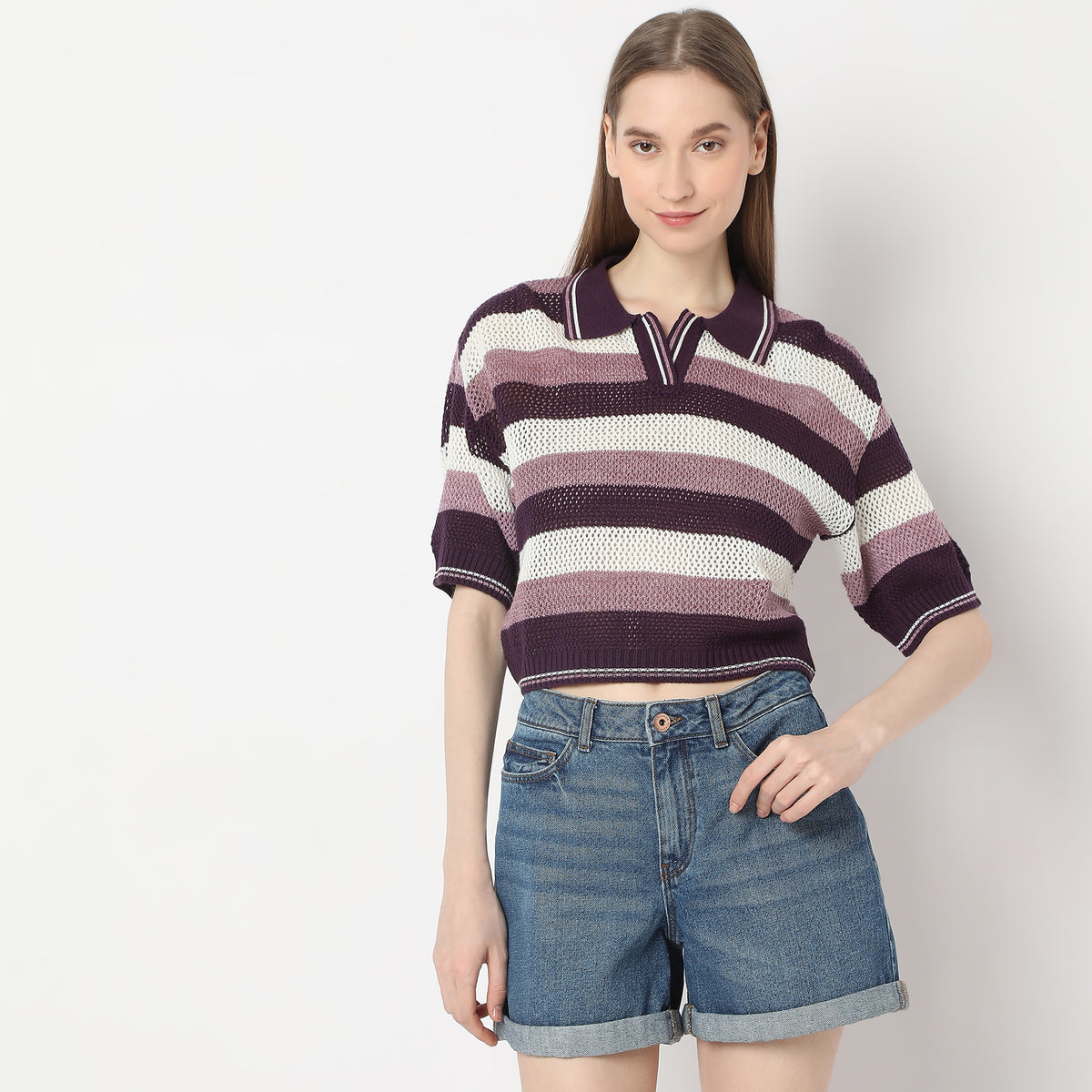 Striped Crochet Design Shirt Collar T-Shirt