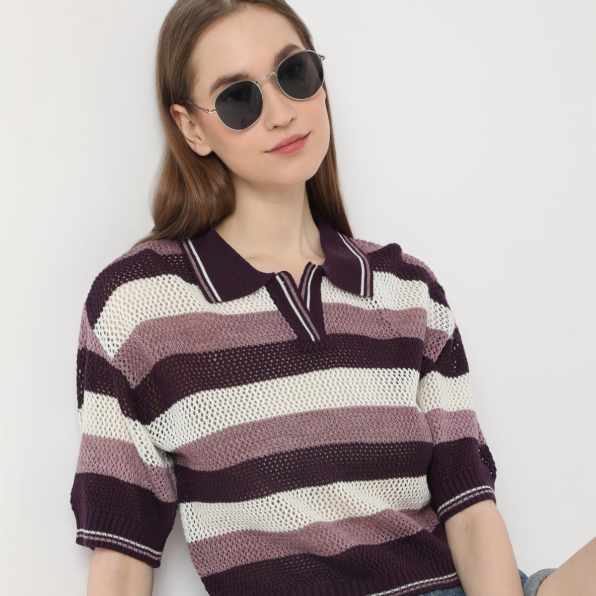 Striped Crochet Design Shirt Collar T-Shirt