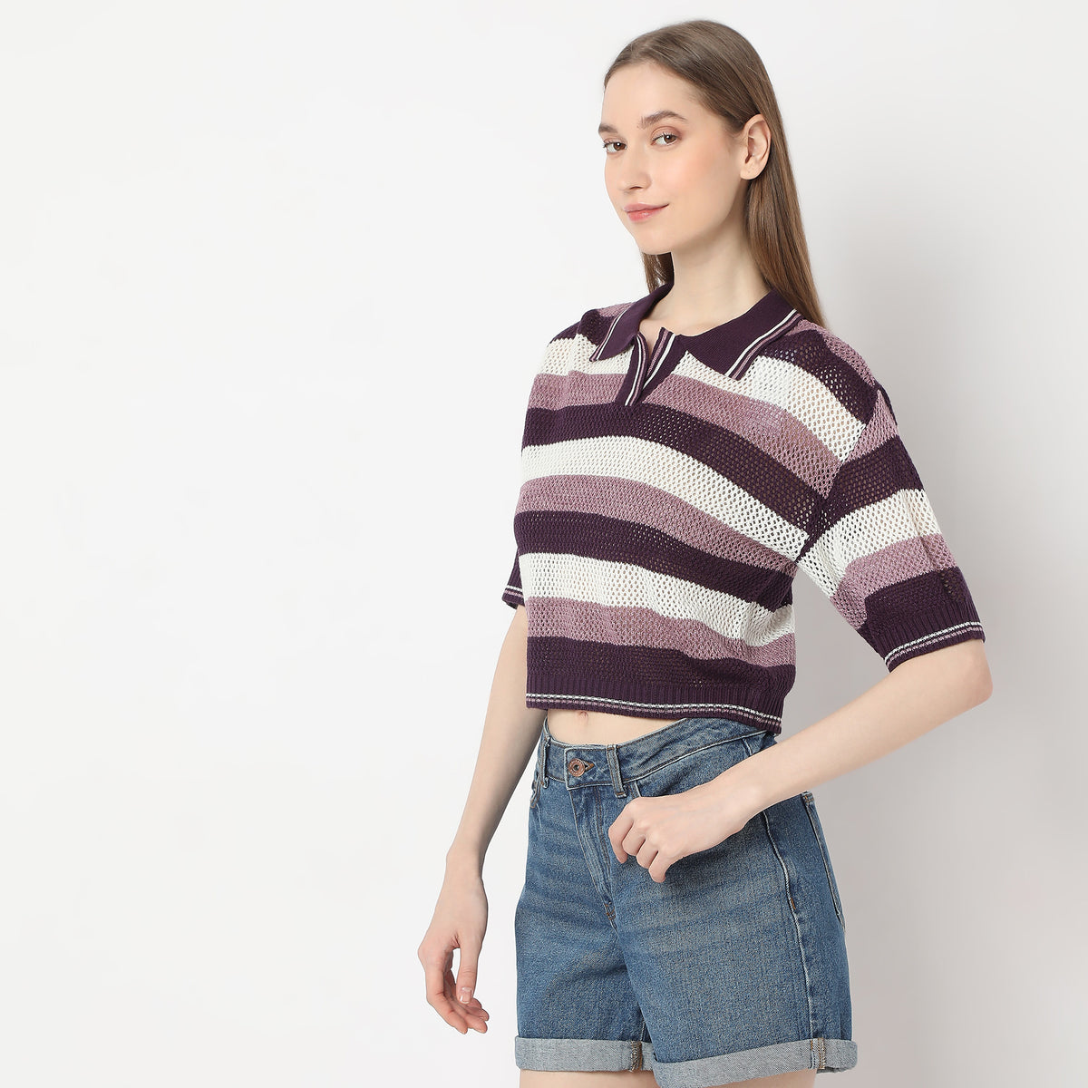 Striped Crochet Design Shirt Collar T-Shirt