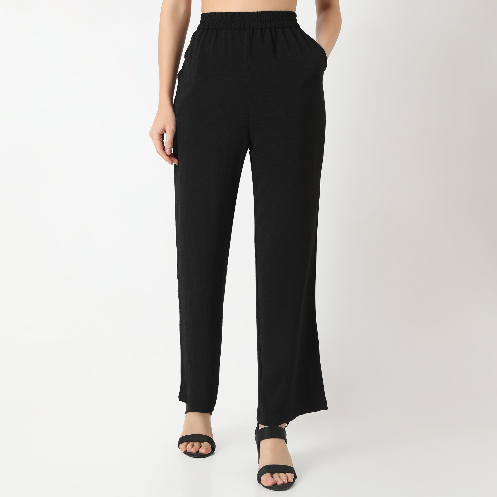 Regular Fit Solid Regular Length High Rise Palazzos