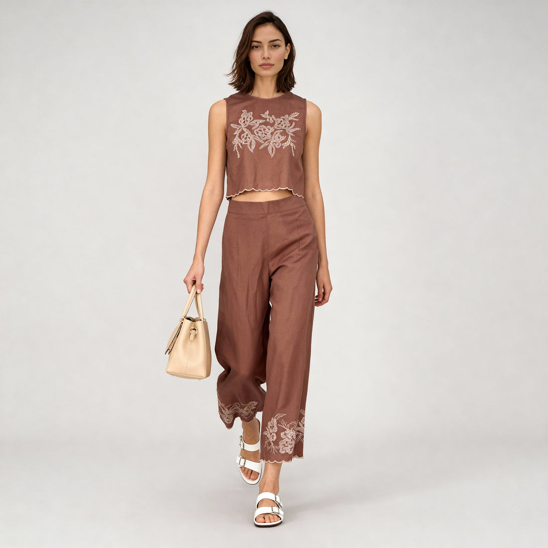 Embroidered High Rise Straight Palazzos