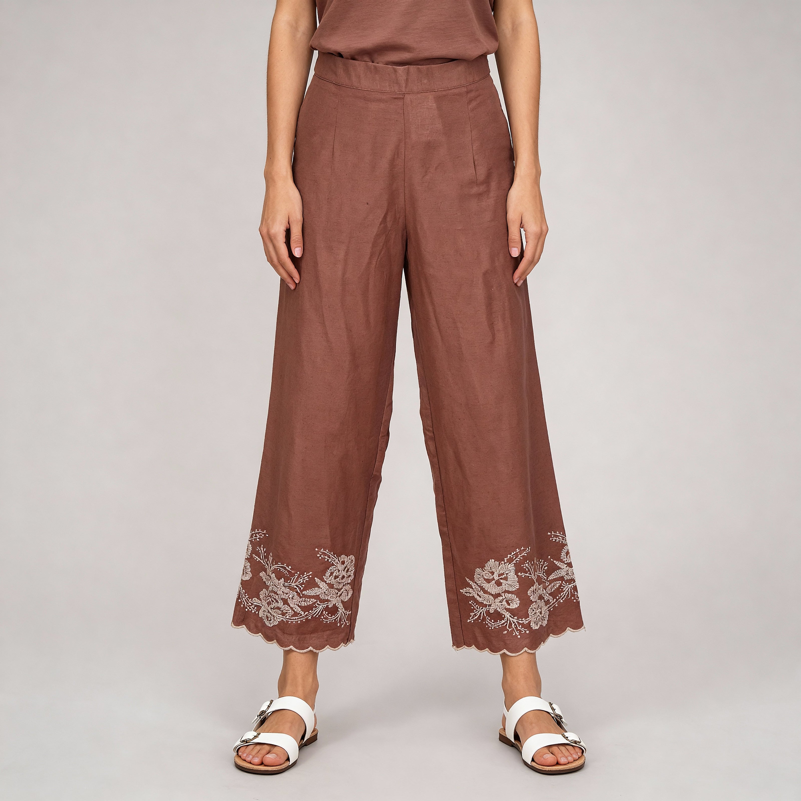 Embroidered High Rise Straight Palazzos