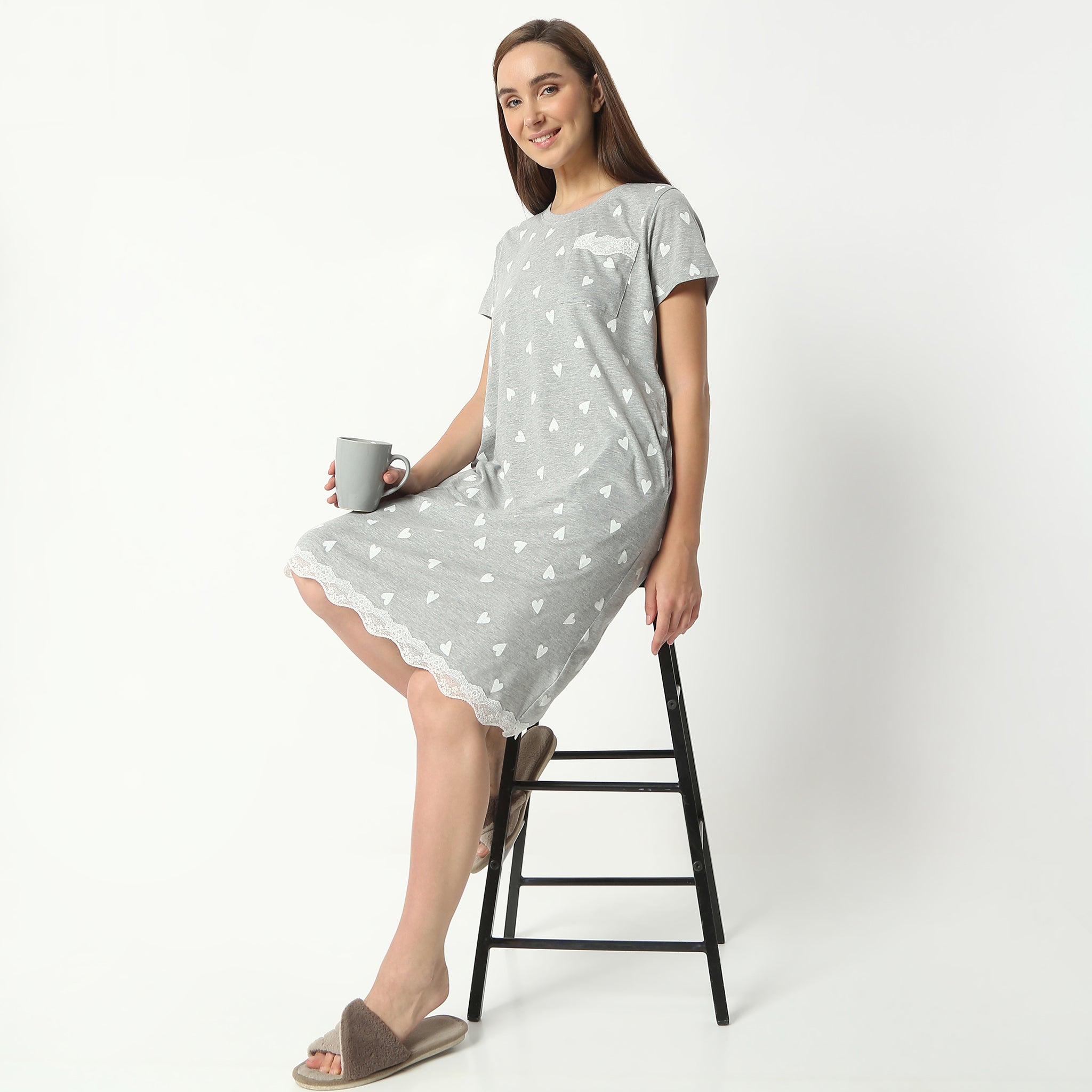 Regular Fit Floral Round Neck Knee Length Gown