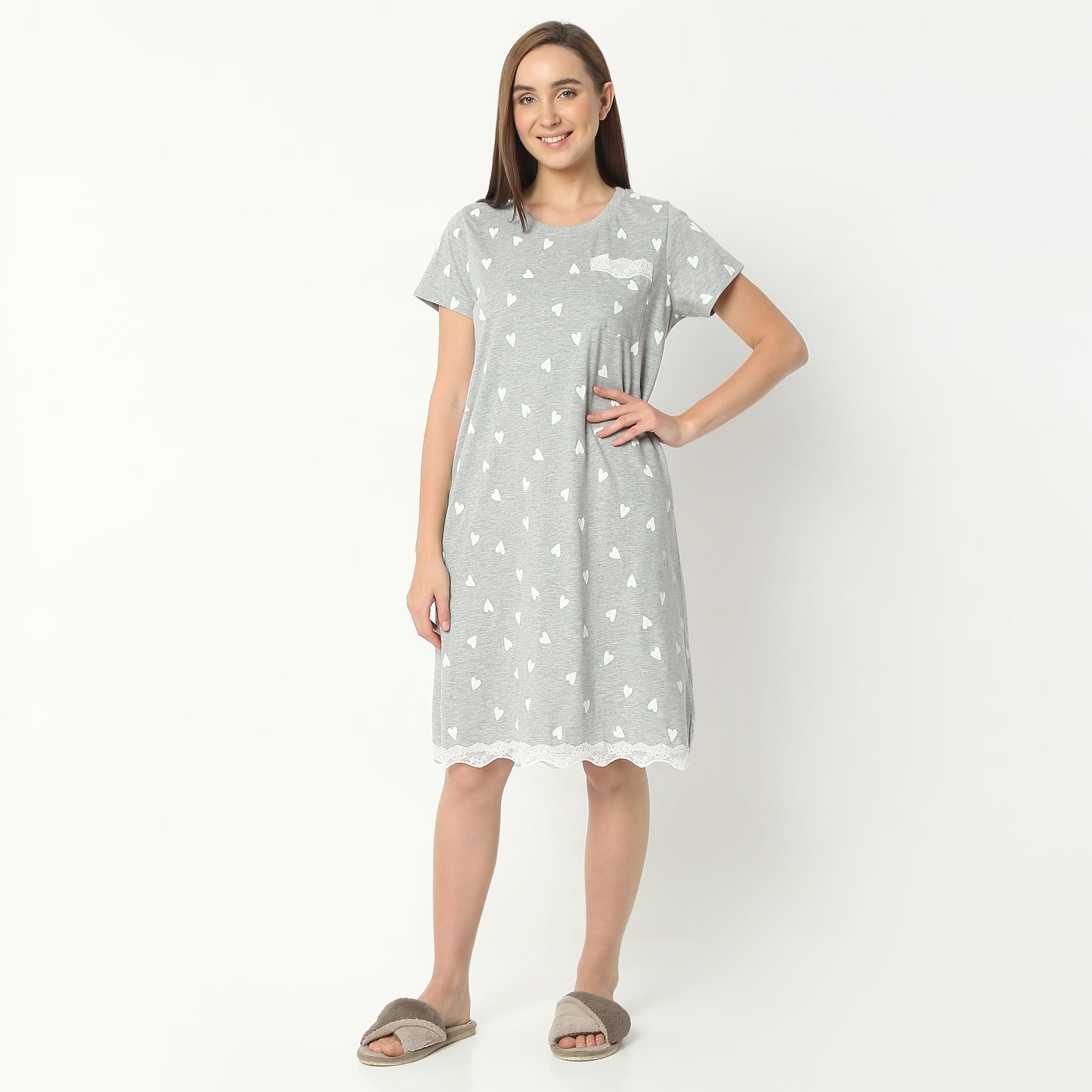 Regular Fit Floral Round Neck Knee Length Gown