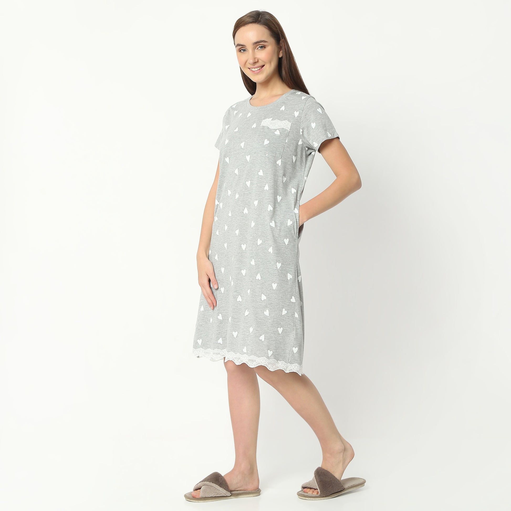 Regular Fit Floral Round Neck Knee Length Gown