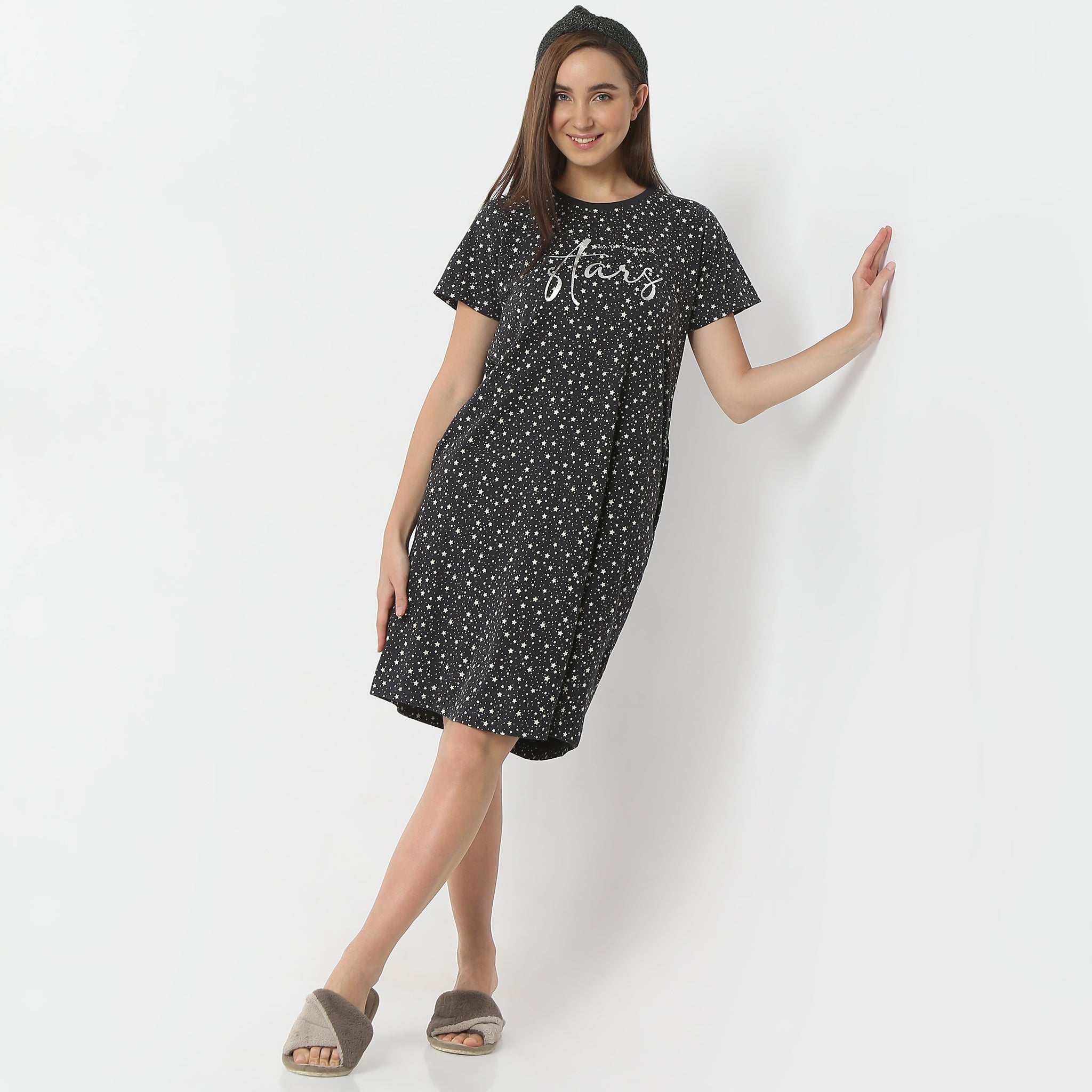 Regular Fit Floral Round Neck Knee Length Gown